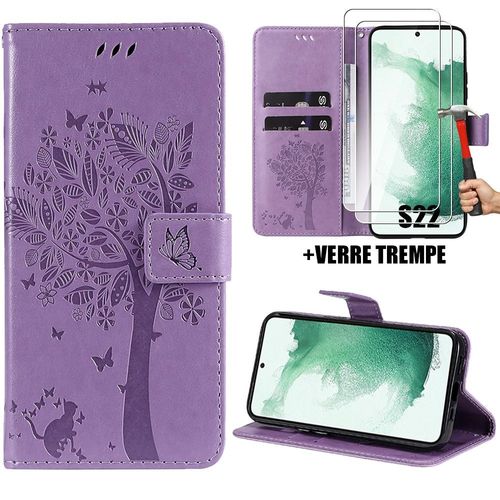 Coque + 2 Verres Trempés Pour Samsung Galaxy S22, Housse Rabat Cuir Pu Violet Avec Motif Chat Arbre Papillon Fermeture Magnétique - Booling
