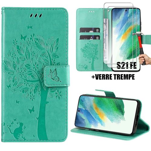 Coque Pour Samsung Galaxy S21 Fe, Motif Arbre Papillon Fleur Portefeuille Effet Cuir Vert + 2 Verres Trempés (Pas Pour S21) - Booling
