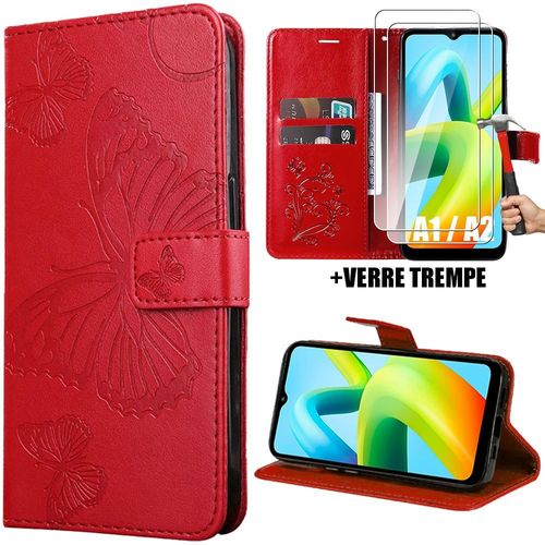 Coque Et 2 Verres Trempés Pour Xiaomi Redmi A1 / A2, Protection Anti-Rayures Motif Papillon Effet Cuir Rouge - Booling