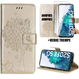 Coque + 2 Verres Trempés pour Samsung Galaxy S20 FE, Effet Cuir Doré Fermeture Magnétique Motif Arbre Chat (pas pour S20) - BOOLING