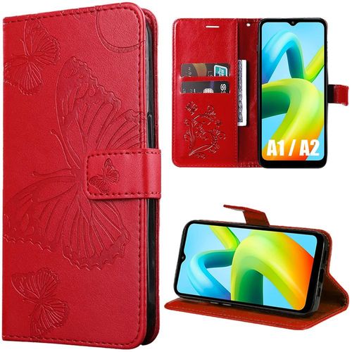 Coque pour Xiaomi Redmi A1 / A2, Protection Anti-Rayures Motif Papillon Effet Cuir Rouge - BOOLING