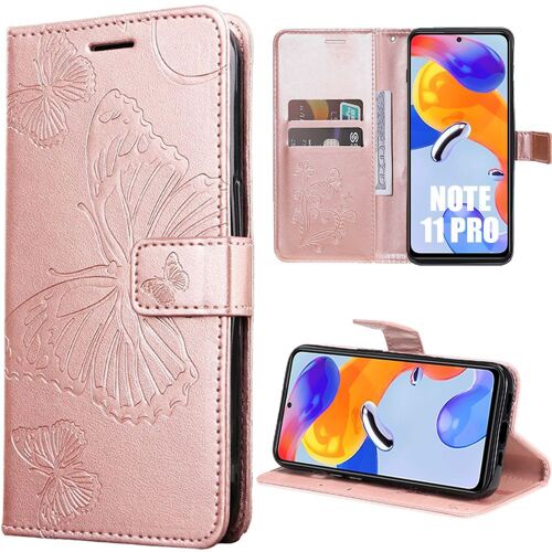 Coque Pour Xiaomi Redmi Note 11 Pro 4g/5g, Protection Antichoc Synthécuir Rose Motif Papillons - Booling