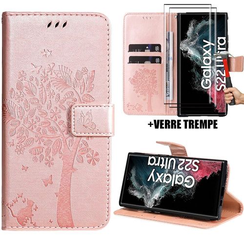 Coque Avec 2 Verres Trempés Pour Samsung Galaxy S22 Ultra, Protection Effet Cuir Rose Motif Arbre Fleur Elégant (Pas Pour S22) - Booling