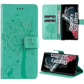 Coque pour Samsung Galaxy S22 Ultra, Effet Cuir Vert Fermeture Magnétique Motif Arbre Chat (pas pour S22) - BOOLING