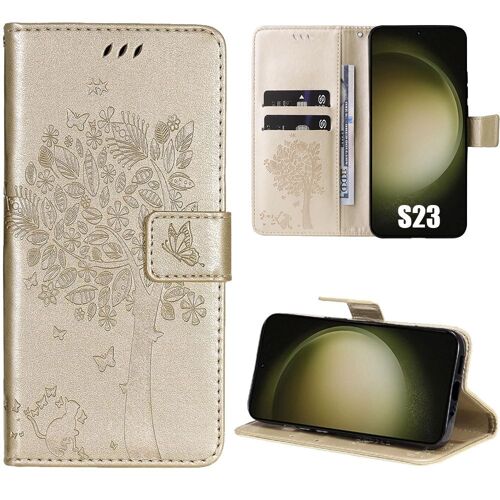 Coque pour Samsung Galaxy S23, Housse Flip Case Cuir Synthétique Doré avec Motif Arbre - BOOLING