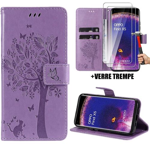 Coque Pour Oppo Find X5, Protection Rabat Antichoc Effet Cuir Violet Motif Arbre Fleur Elégant + 2 Verres Trempés 9h - Booling