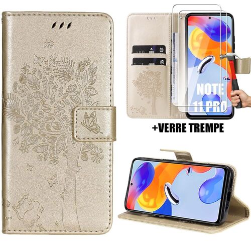 Coque + 2 Verres Trempés Pour Xiaomi Redmi Note 11 Pro 4g/5g, Protection Anti-Rayures Effet Cuir Doré Motif Arbre Chat Fleur - Booling