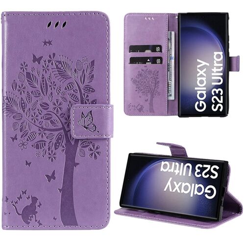 Coque pour Samsung Galaxy S23 Ultra, Protection Anti-Rayures Effet Cuir Violet Elégant Motif Arbre (pas pour S23) - BOOLING