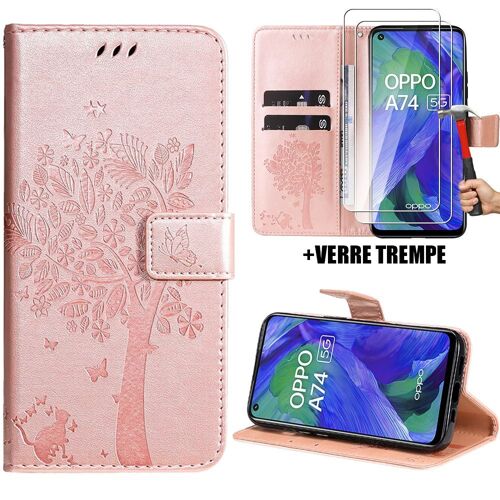 Coque Avec 2 Verres Trempés Pour Oppo A74 5g, Protection Antichoc Effet Cuir Rose Motif Arbre Fleur Elégant (Pas Pour Oppo A74 4g) - Booling