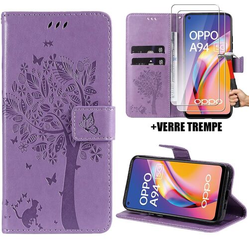Coque Et 2 Verres Trempés Pour Oppo A94 5g, Protection Antichoc Synthécuir Violet Motif Arbre Chat Fleur (Pas Pour A94 4g) - Booling
