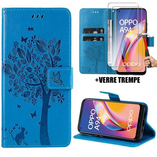 Coque + 2 Verres Trempés Pour Oppo A94 5g, Protection Anti-Rayures Effet Cuir Bleu Motif Arbre Chat Fleur (Pas Pour Oppo A94 4g) - Booling