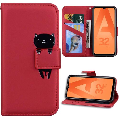 Coque pour Samsung Galaxy A32 5G, Flip Case Cuir Synthétique Rouge avec Motif Chat - BOOLING