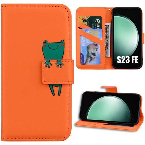 Coque pour Samsung Galaxy S23 FE, Flip Case Cuir Synthétique Orange avec Motif Grenouille (pas pour S23) - BOOLING