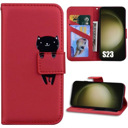 Coque pour Samsung Galaxy S23, Protection Anti-Rayures Effet Cuir Rouge Motif Chat - BOOLING