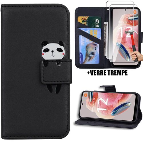 Coque Pour Xiaomi Redmi Note 12 4g, Protection Antichoc Effet Cuir Noir Motif Cartoon Animal Avec 2 Protection D'écran Vitre - Booling
