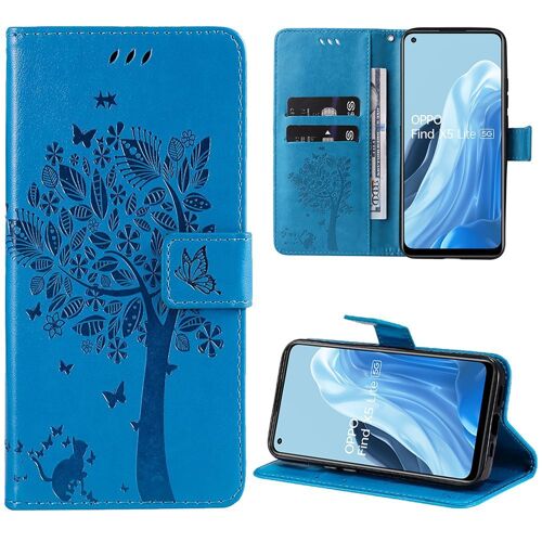 Coque Pour Oppo Find X5 Lite, Effet Cuir Bleu Fermeture Magnétique Motif Arbre Chat - Booling
