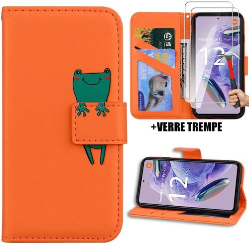Coque et 2 Verres Trempés pour Xiaomi Redmi Note 12 Pro Plus 5G, Synthécuir Orange Motif Grenouille (pas pour Redmi Note 12 Pro) - BOOLING