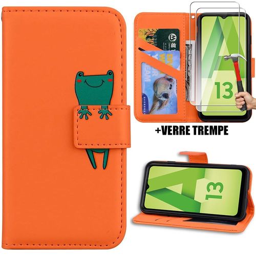 Coque + 2 Verres Trempés Pour Samsung Galaxy A13 4g/5g, Antichoc Flip Case Cuir Pu Orange Avec Fonction Support - Booling