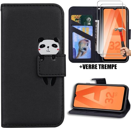 Coque + 2 Verres Trempés Pour Samsung Galaxy A32 5g, Effet Cuir Noir Fermeture Magnétique Motif Animal - Booling