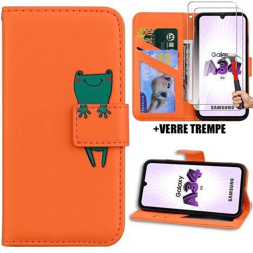Coque et 2 Verres Trempés pour Samsung Galaxy A34 5G, Cuir PU Orange avec Motif Grenouille Mignon Fermeture Magnétique - BOOLING
