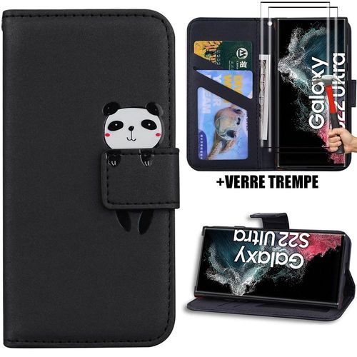 Coque pour Samsung Galaxy S22 Ultra avec 2 Verres Trempés, Protection Synthécuir Noir Motif Panda (pas pour S22) - BOOLING