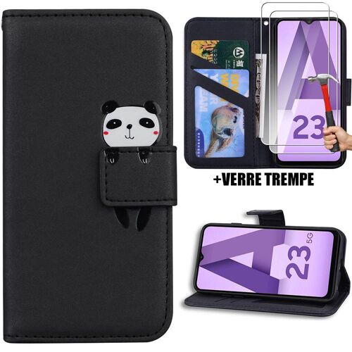 Coque + 2 Verres Trempés Pour Samsung Galaxy A23 5g, Motif Panda Mignon Portefeuille Effet Cuir Noir - Booling