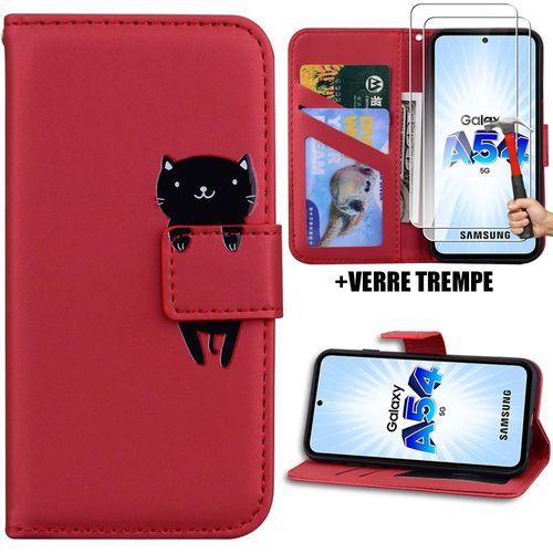Coque Pour Samsung Galaxy A54 5g, Protection Antichoc Synthécuir Rouge Motif Chat Avec 2 Protection D'écran En Verre Trempé - Booling
