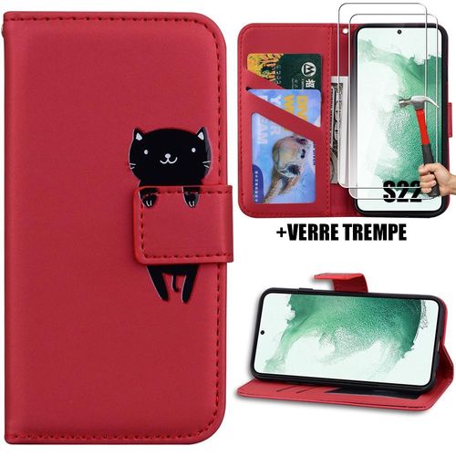 Coque Pour Samsung Galaxy S22, Flip Case Synthécuir Avec Motif Chat - Rouge + 2 Protection D'écran En Verre Trempé - Booling