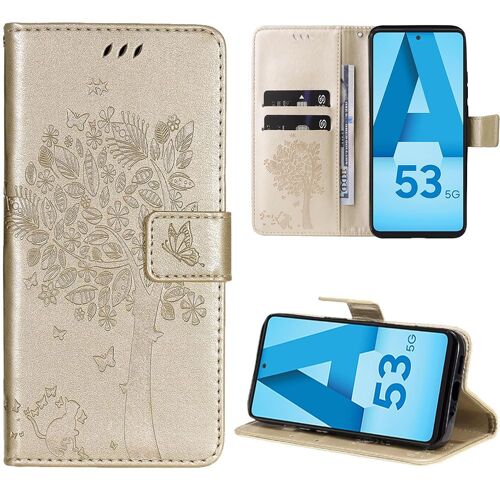 Coque Pour Samsung Galaxy A53 5g, Protection Antichoc Synthécuir Doré Motif Arbre Chat Fleur - Booling