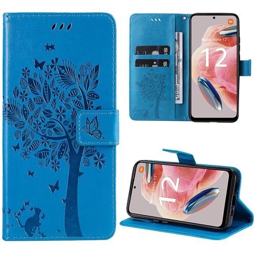 Coque Pour Xiaomi Redmi Note 12 4g, Protection Antichoc Synthécuir Bleu Motif Arbre Chat Fleur - Booling