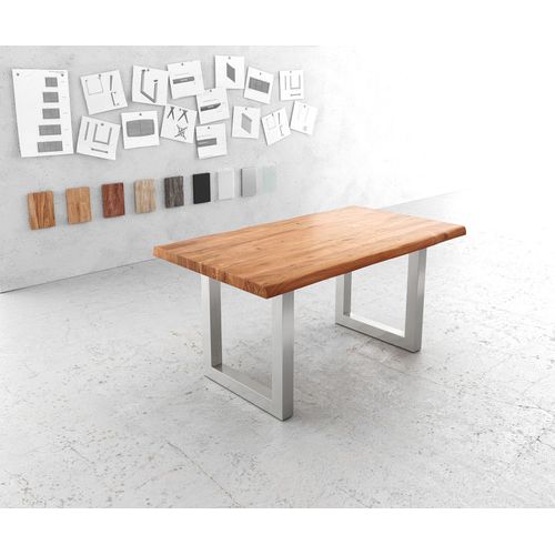 Table-De-Salle-?-Manger Edge Acacia Nature 160x90 Xl Acier Inoxydable Large Live-Edge