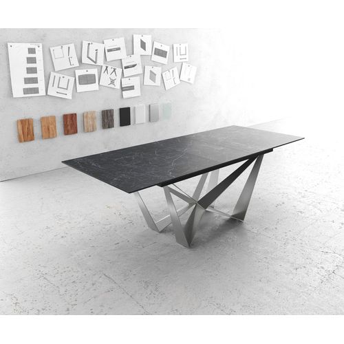 Table-De-Salle-À-Manger Edge Laminam® Céramique Gris 180-220x90cm Pieds Millieu Acier Plat Argent