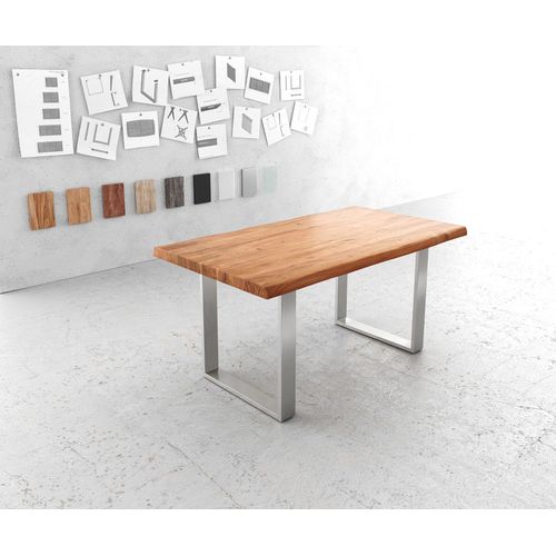 Table-De-Salle-?-Manger Edge Acacia Nature 160x90 Xl Acier Inoxydable ?Troit Live-Edge
