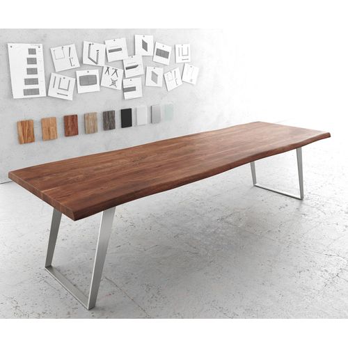 Table-De-Salle-?-Manger Edge Acacia Marron 300x100 Xl Acier Inoxydable Inclin? Live-Edge