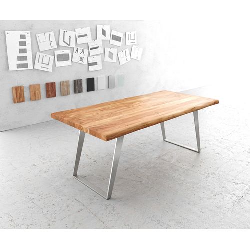 Table-De-Salle-?-Manger Edge Acacia Nature 200x100 Xl Acier Inoxydable Inclin? Live-Edge