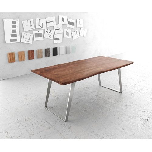 Table-De-Salle-?-Manger Edge Acacia Marron 200x100 Acier Inoxydable Inclin? Live-Edge