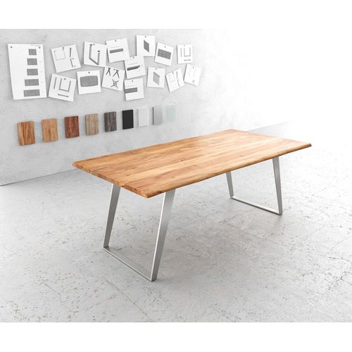 Table-De-Salle-?-Manger Edge Acacia Nature 200x100 Acier Inoxydable Inclin? Live-Edge
