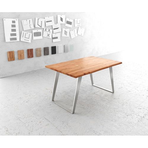 Table-De-Salle-?-Manger Edge Acacia Nature 140x90 Acier Inoxydable Inclin? Live-Edge