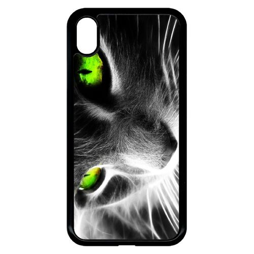 Coque Iphone Xr - Chat Noir Et Blanc Yeux Vert - Noir