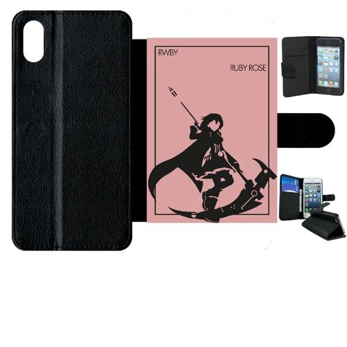 Etui à rabat iphone xs max - rwby rose - simili-cuir - noir