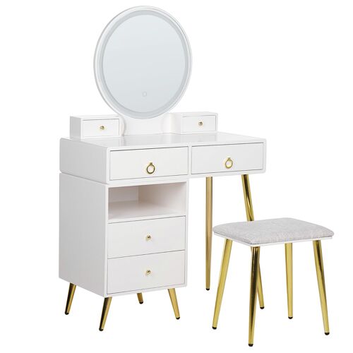 Coiffeuse avec miroir à LED et tabouret blanc et doré YVES