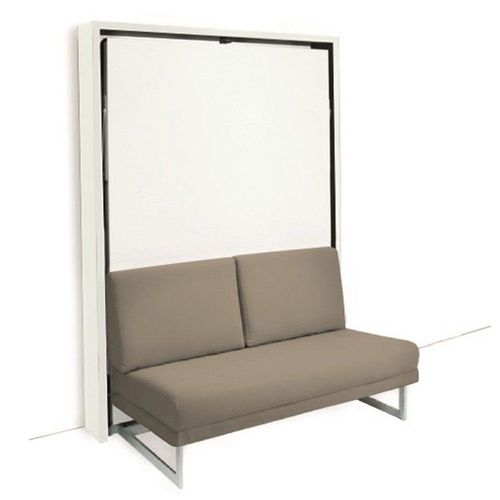 Armoire Lit Escamotable Houdini Slash 140 Blanche Mate Canapé Tissu Tweed Beige