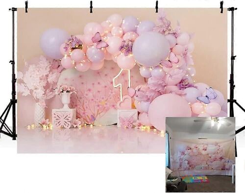 7X5ft Fille 1er Anniversaire Photographie Fond Rose Fleurs Ballons Papillon Filles 1er Anniversaire Fête Gâteau Smash Décor Pastel