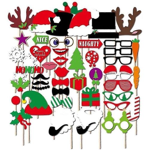 Noël Party Photo Booth Props Set - 50 pièces Noël fournitures bricolage | Ensemble de décoration de fond d'image de fête |Photomaton selfie pour enfants et adultes