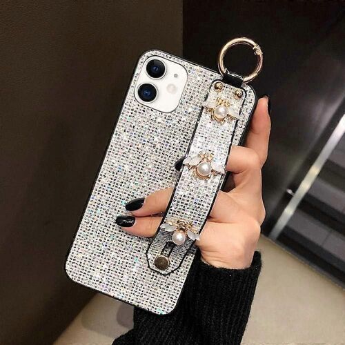 Compatible iPhone 11 Brillant Plaid téléphone Coque Luxe Glitter Glitter Grid Glitter avec abeille Porte-dragonne Holder Soft protective buffer protective c
