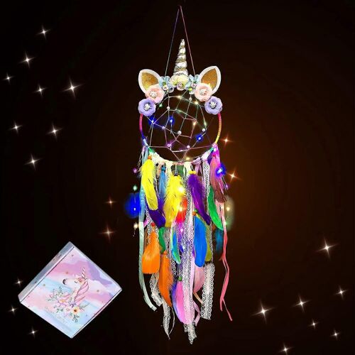 Licorne Dream Catcher Avec Lumière Led Colorée Pour Les Filles Garçons Chambre Décoration Murale Ornement Suspendu Festival Cadeau (Coloré)