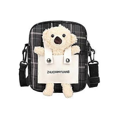 Ours mignon Plaid Sac Kawaii Ulzzang Japonais Coréen Messenger Petit Sac College Style Casual Sac à bandoulière (noir)