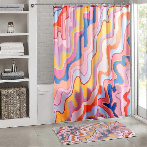 Vintage Abstrait Art Tissu Rideau de Douche Pastel Arc-en-ciel Coloré Funky Wave Stripe Géométrique Salle de bain Rideau de douche Set Esthétique Vintage Minimalis