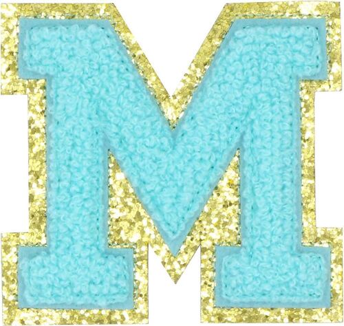 Anglais Lettre M Fer À Réparer Patchs Alphabet Couture Appliques Vêtements Insignes, Avec Bordure Paillettes Or, Autocollant Adhésif Arrièrebleu Mmblue