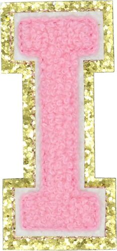 Anglais Lettre I Fer À Réparer Patchs Alphabet Couture Appliques Vêtements Insignes, avec Bordure Paillettes Or, Adhésif Dos StickerPink IIPink